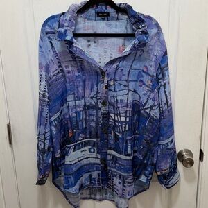 Vintage 90s colorful eclectic retro print light weight long sleeve button up XXL